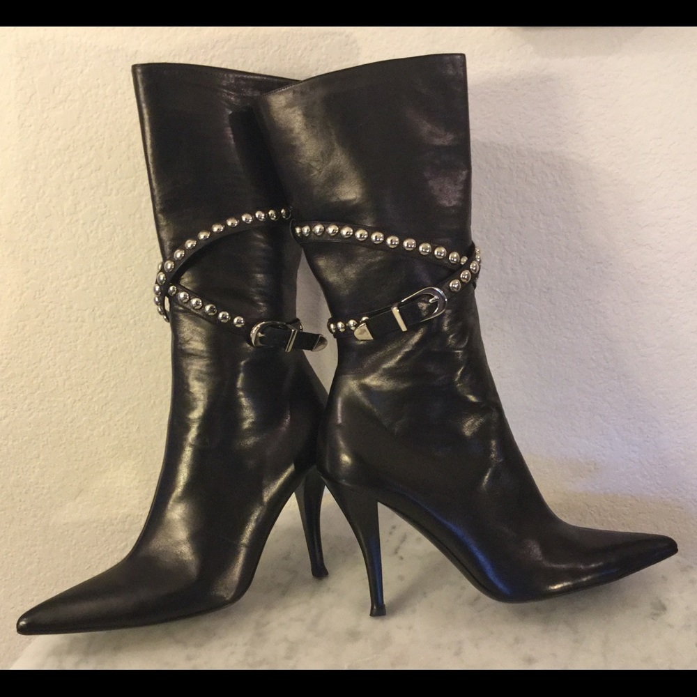 VICINI Black Leather Stud Belt Boots. Wm Sz 40 M.